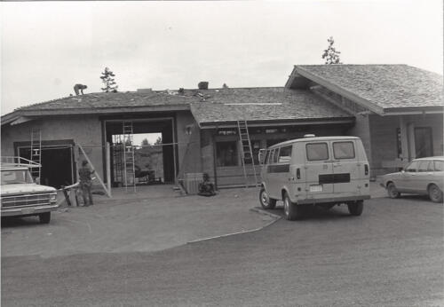 black and white photo of the library building construction