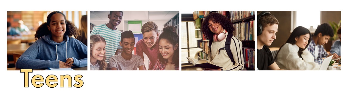 Four images of teens using library resources