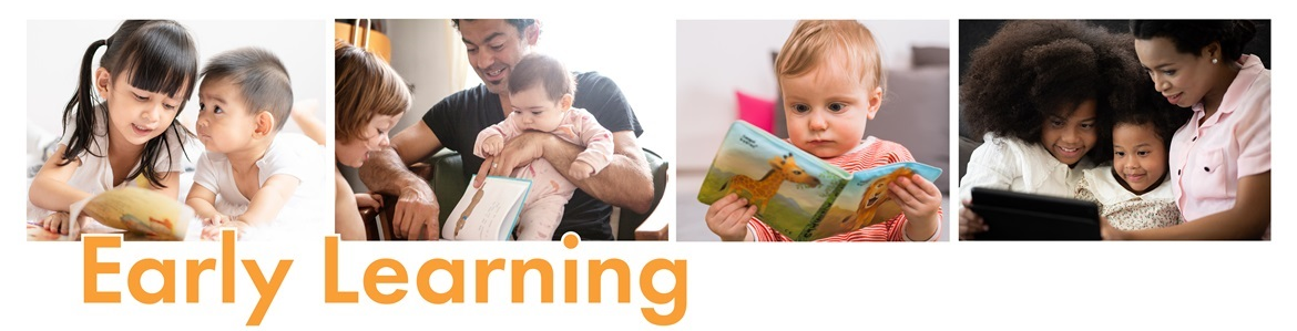 Images of happy children and parents reading and using the library. 