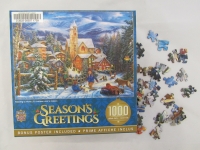 Puzzle with kids and dogs sledding in a snowy village.