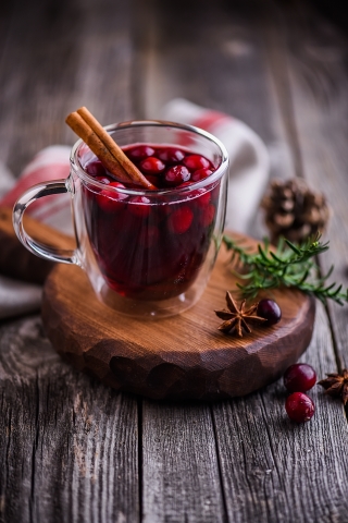 Warm cranberry drink with cinnamon sticks