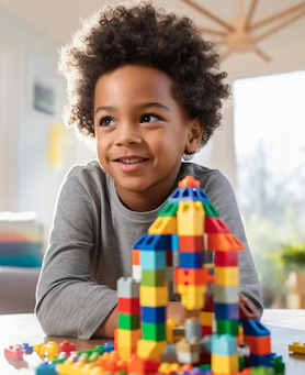 Smiling young boy with a lego structure.