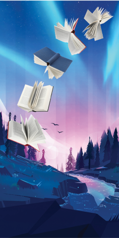 Aurora Borealis forest scenery with books flying in the sky.