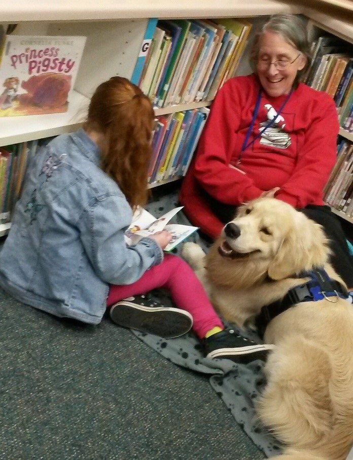 Young girl reading to Golden Retriever