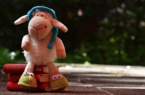 Cute stuffed sheep sitting on books