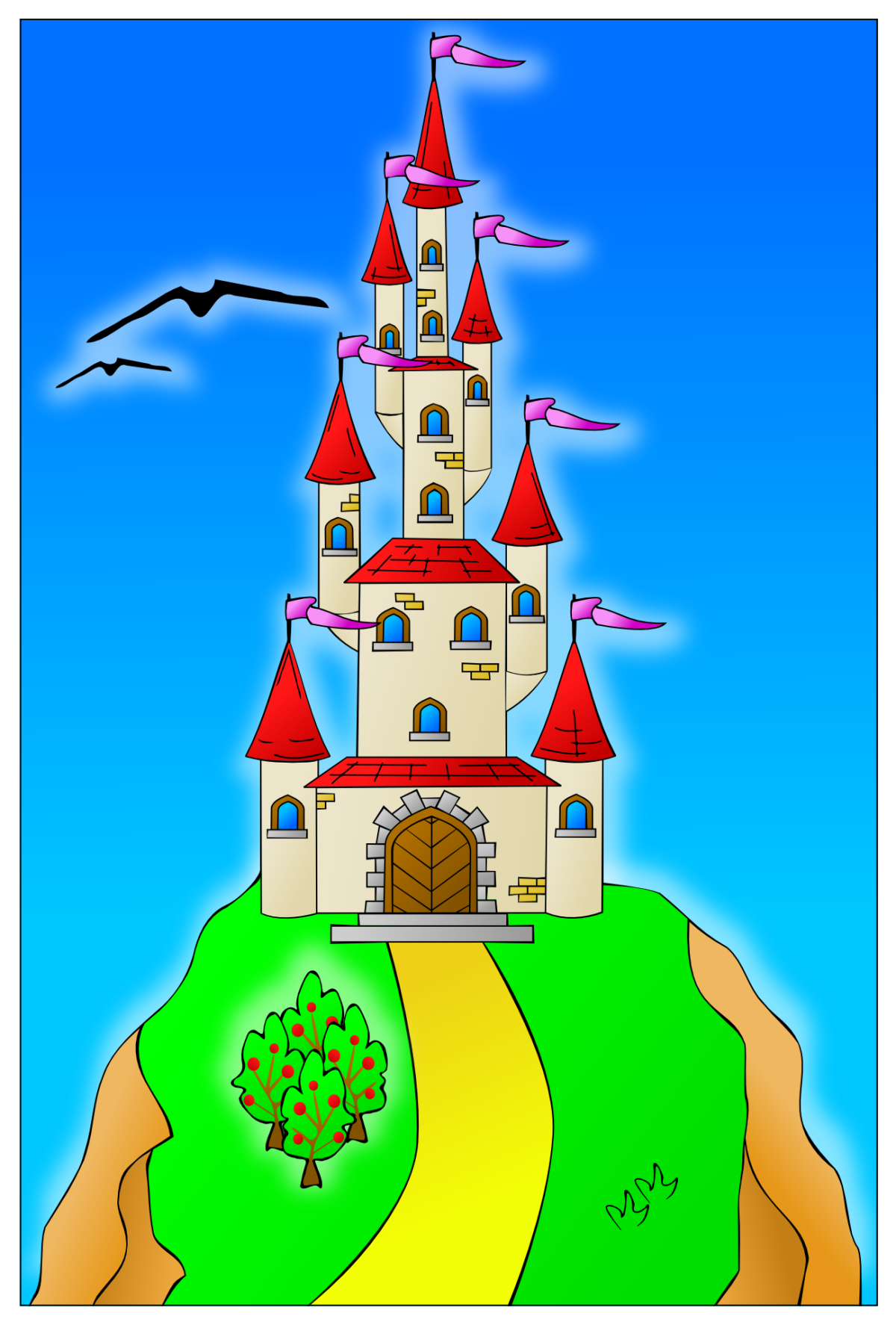 Vector graphic of a colorful castle on a hill