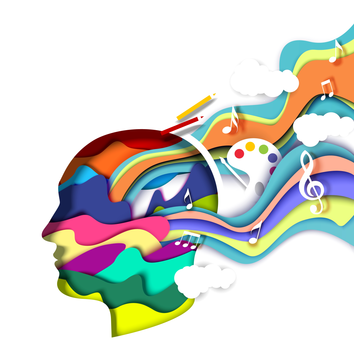 Beautiful image of rainbows and music notes in the shape of a silhouette.