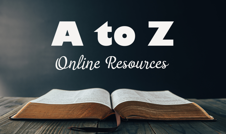 Open Book on dark wood table with the words "A to Z Online Resources" floating above it.