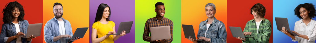 Diverse Multiethnic People With Laptops Posing Over Bright Backgrounds